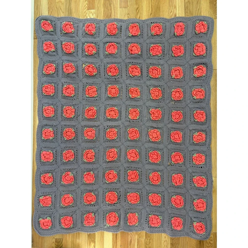 FLAWED Crochet Granny Square Blanket Purple 3D Pink Roses Handmade Cottagecore